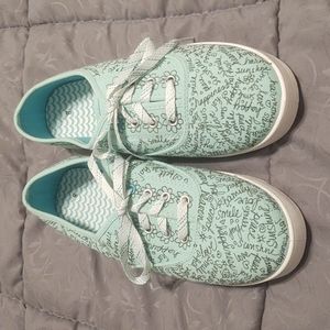 Hand Painted Art "Good Vibes" Canvas Shoes NEW Size 8 Peace Love Joy Aqua NWOT